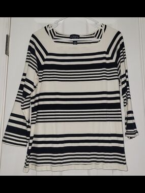 Chaps Black and White Striped Square Neck Long Sleeve Top